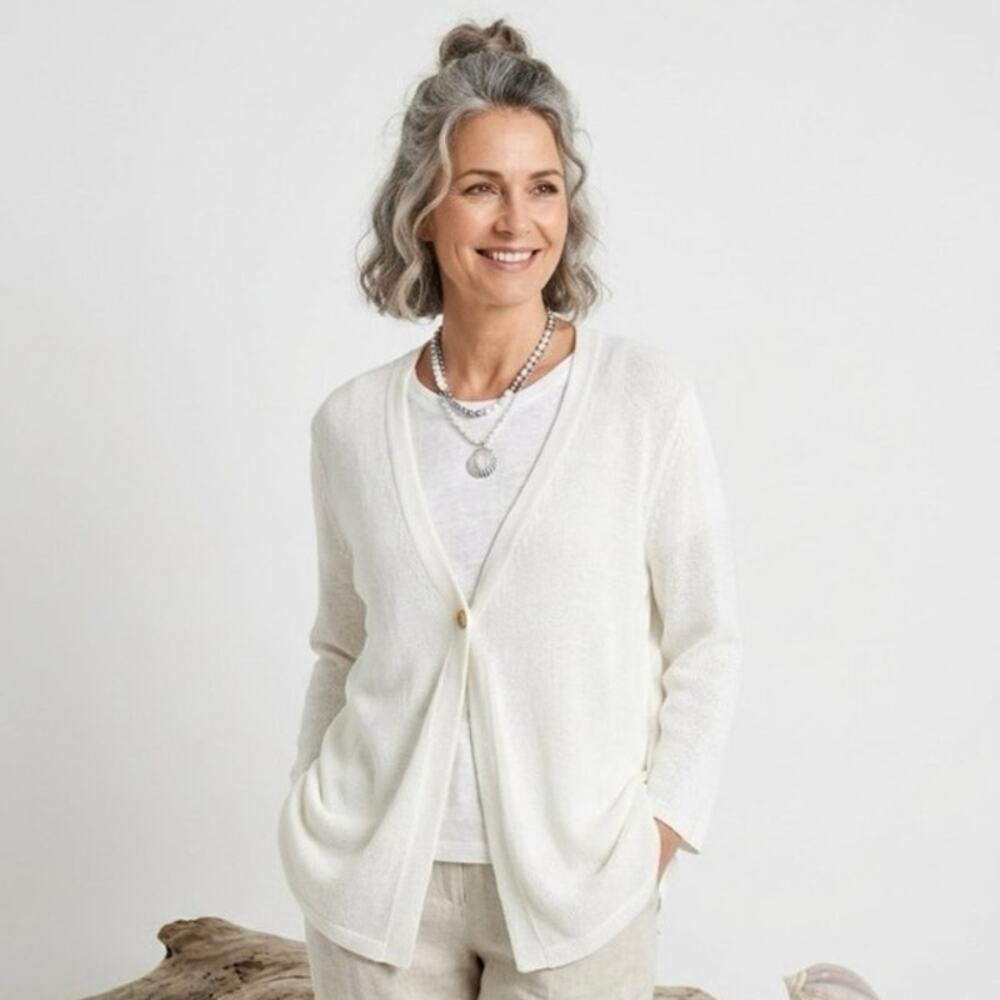 NWT J. JILL Women's Linen Single Button Open Knit Sweater Beachy Lightweight